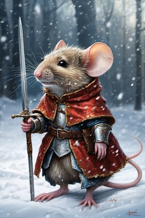 Hyper-detailed  painting, Jean-Baptiste Monge style, a cute little mouse in the snow dressed as a fearsome knight, splash, glittering, cute and adorable, filigree, lights, fluffy, magic, surreal, fantasy, digital art, ultra hd, hyper-realistic illustration, vivid colors, UHD, cinematic perfect light,

greg rutkowski, Extremely Realistic