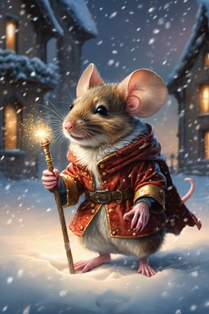 Hyper-detailed  painting, Jean-Baptiste Monge style, a cute little mouse in the snow dressed as a fearsome knight, splash, glittering, cute and adorable, filigree, lights, fluffy, magic, surreal, fantasy, digital art, ultra hd, hyper-realistic illustration, vivid colors, UHD, cinematic perfect light,

greg rutkowski, Extremely Realistic