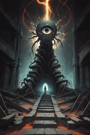 A lone figure ascends a crumbling stone staircase that leads to a colossal eye in the sky, representing the unknown. Serpents coil around the steps, while ethereal flames light the way. The scene is suffused with an eerie glow as arcane symbols pulse with power in the shadows.,nodf_lora,seek