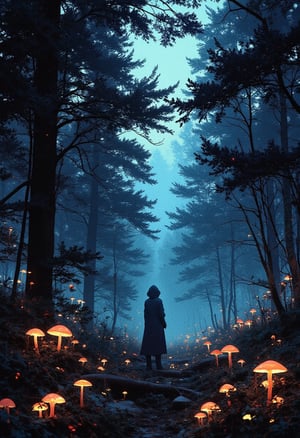 A lone figure stands at the edge of a dense and foreboding dark forest, the faint glow of luminescent mushrooms lighting the misty atmosphere. The subject's silhouette is set against the dark trees, with the faint outline of the lost path visible in the distance. The mood is contemplative, with a sense of uncertainty and doubt hanging in the air.