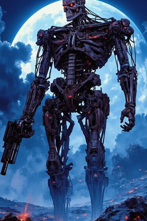 A menacing Terminator, its metallic body scarred and exposed, towers over a desolate wasteland. Dark clouds shroud the sky, casting an ominous shadow from the massive spaceship looming behind. Cool blue lighting accentuates the cyborg's skeletal face, with glowing red eyes, as it prepares to unleash destruction with its minigun. The atmosphere is one of fear, despair, and apocalyptic dread.