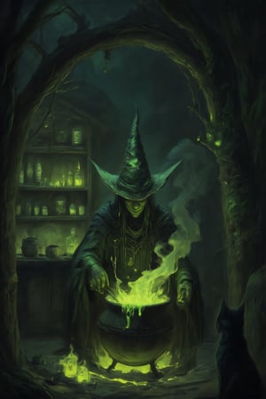 "A dark, eerie hut hidden deep in a foggy, ancient forest. A wicked witch sits hunched over a bubbling cauldron, stirring a glowing, poisonous green potion. Her gnarled fingers grasp a wooden spoon as tendrils of smoke curl from the cauldron, filling the dimly lit room. The shelves are cluttered with strange ingredients—jars of preserved eyes, dried herbs, animal bones, and glowing crystals. Flickering candlelight casts long shadows, and in the background, a black cat watches with glowing eyes. The atmosphere is thick with mystery, danger, and dark magic,Fantasy drawing