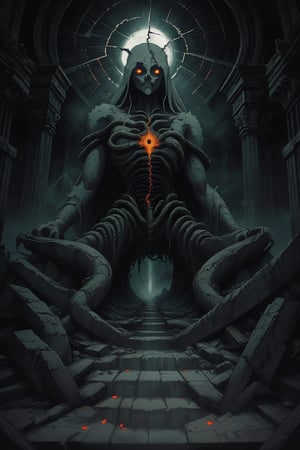 A lone figure ascends a crumbling stone staircase, serpents coiling around worn steps, as ethereal flames cast an otherworldly glow. The colossal eye in the sky looms large, shrouded in mist, representing the unknown. Arcane symbols pulse with power in the shadows, imbuing the atmosphere with an eerie intensity.