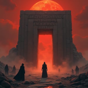 A desolate landscape beneath a blood-red sky, where a figure clad in dark robes stands before a massive, ancient stone gate inscribed with glowing runes. The gate opens into a void filled with swirling mists, and the figure extends their hand towards it, while shadowy figures linger in the background, watching silently