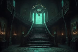 This image depicts the grand interior of a gothic mansion, steeped in mystery and dark elegance, evoking a classic haunted house ambiance.

- **The staircase**: At the center of the image is a large, sweeping staircase that ascends in two directions, forming a dramatic focal point. The staircase is made of dark wood, with intricately carved bannisters that give a sense of grandeur. The shadows cast by the wood add a haunting depth.

- **Chandelier**: Hanging from the high ceiling is a large, ornate chandelier, illuminating the room with a dim, ghostly light. The chandelier's design fits the gothic style, with multiple candles casting flickering shadows across the room.

- **Walls and pillars**: The walls are lined with dark wood paneling, intricately carved with gothic motifs and designs. Large pillars on either side of the staircase add a sense of weight and structure to the room, giving it a cathedral-like atmosphere.

- **Portraits and candles**: Several old portraits hang on the walls, their figures painted in dark tones, further enhancing the unsettling mood. These portraits likely represent the former inhabitants of the mansion, their expressions somber and foreboding. On both sides of the room, tall candelabras hold more candles, adding to the flickering, eerie light in the space.

- **Windows and lighting**: Behind the staircase is a large arched window, with opaque glass, allowing a faint greenish-blue glow to seep through. This light is dim, almost moonlike, contributing to the overall gloomy and supernatural feel. The muted lighting adds mystery, making the room feel uninhabited yet watched.

- **Flooring**: The wooden floor is slightly worn, suggesting that while the mansion is old, it has stood the test of time. The floorboards creak with history, perhaps hiding secrets beneath them.

This image conveys an atmosphere of decay and grandeur, as if this mansion was once magnificent but now holds untold dark stories within its walls. It could easily serve as a setting for a gothic horror narrative or a haunted estate.