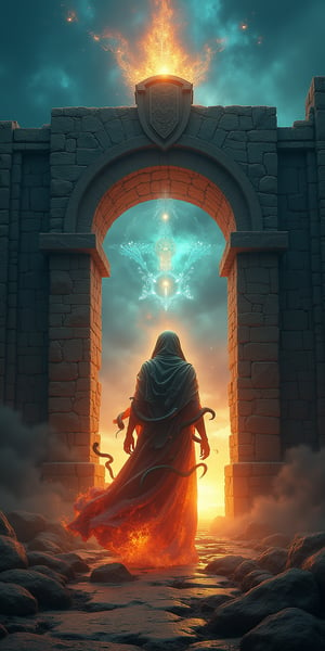 Cosmic energies swirl around an ancient stone gateway, its worn stones aglow with an otherworldly light. A mysterious figure emerges, shrouded in shadows and flames, serpents entwining their form as they step into the mystical realm. The sky above is a canvas of occult symbols, pulsing with an eerie glow. In the distance, whispers from the darkness beyond the gateway seem to carry secrets on the cosmic wind.