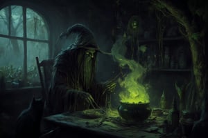 "A dark, eerie hut hidden deep in a foggy, ancient forest. A wicked witch sits hunched over a bubbling cauldron, stirring a glowing, poisonous green potion. Her gnarled fingers grasp a wooden spoon as tendrils of smoke curl from the cauldron, filling the dimly lit room. The shelves are cluttered with strange ingredients—jars of preserved eyes, dried herbs, animal bones, and glowing crystals. Flickering candlelight casts long shadows, and in the background, a black cat watches with glowing eyes. The atmosphere is thick with mystery, danger, and dark magic,Fantasy drawing