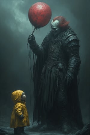 A lone, sinister clown stands shrouded in misty darkness, its painted-on smile twisted with malevolent intent, as it holds aloft a vibrant red balloon. In the foreground, a small child clad in a bright yellow raincoat gazes up at the balloon with wide-eyed wonder, oblivious to the ominous presence looming before them. The foggy atmosphere and eerie lighting cast an unsettling tone, evoking a sense of foreboding.