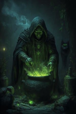 Deep within a fog-shrouded ancient forest, a mysterious hut emerges from the mist. Inside, a wicked witch hunches over a bubbling cauldron, stirring a toxic green potion as tendrils of smoke curl upward, illuminating her gnarled fingers grasping a wooden spoon. The dimly lit room is cluttered with strange ingredients: jars of preserved eyes, dried herbs, animal bones, and glowing crystals. Flickering candlelight casts long shadows across the walls, where a black cat watches with piercing green eyes in the background. A dark, eerie atmosphere pervades, exuding mystery, danger, and an aura of dark magic.,hkstyle