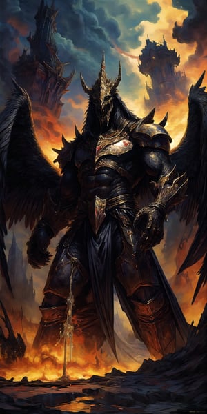 Masterpiece, beautiful details, perfect focus, uniform 8K wallpaper, high resolution, exquisite texture in every detail, a angel-like figure rising up above a burning castle and pouring thick ribbons of blood into a giant chalice. A monstrous beast stands guard and shields the arcane process from view with its black wings, nodf_lora,insertNameHere