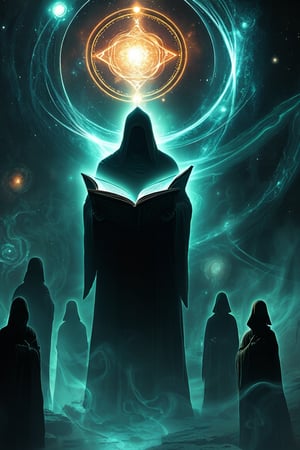 A dark, cosmic void with swirling shadows and faint, glowing symbols etched into the darkness. In the center stands a cloaked figure, holding an open book with pages made of shadows and light. The figure’s face is obscured, but their eyes glow faintly, reflecting the secrets of the universe. In the background, faint echoes of ancient, ghostly figures emerge from the abyss, surrounded by swirling nebulae and distant stars