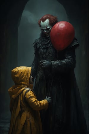 
The image shows a sinister clown holding a red balloon. The clown is standing in a dark, foggy setting and is looking at a child wearing a yellow raincoat. The child is looking at the balloon. The overall mood of the image is dark and eerie.