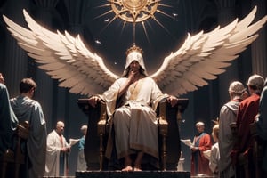 the Lord sitting upon a throne, high and lifted up, and his train (robe) filled the temple. Above the throne stood the Seraphim (angelic beings), and each one had 6 wings. With two wings they covered their faces, with two they covered their feet, and with two they flew