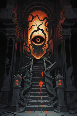 A lone figure ascends a crumbling stone staircase that leads to a colossal eye in the sky, representing the unknown. Serpents coil around the steps, while ethereal flames light the way. The scene is suffused with an eerie glow as arcane symbols pulse with power in the shadows.,nodf_lora, 