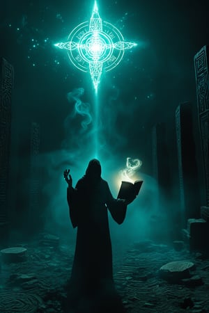 A lone figure bathed in the faint glow of an ethereal light, surrounded by a void of darkness. The scene is filled with occult imagery: ancient runes carved into the ground, spectral hands reaching out from the shadows, and distant, faintly glowing stars. The figure holds an ancient tome, with dark energy swirling around it, symbolizing the forbidden knowledge within.