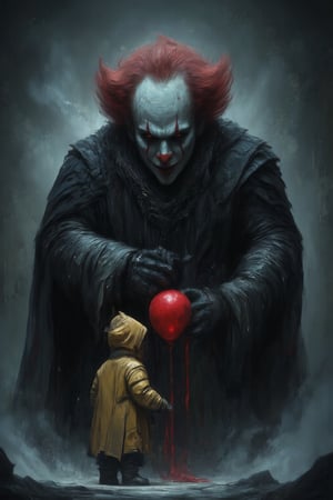 A haunting tableau unfolds: a sinister clown, shrouded in an aura of malevolence, grasps a crimson balloon amidst a foreboding fog-shrouded backdrop. The clown's gaze fixes on a young child clad in a bright yellow raincoat, their eyes locked onto the tantalizing balloon. The air is heavy with menace as the child's innocence is juxtaposed against the dark and eerie atmosphere.