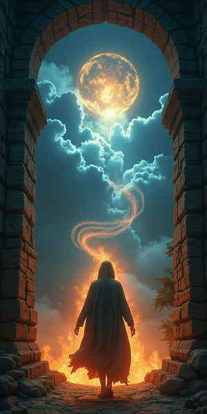 Through an ancient stone gateway, a mysterious figure emerges, shrouded in swirling clouds of cosmic energy and fiery tendrils. Serpents writhe sinuously around their form as they step into the unknown. The sky above is ablaze with occult symbols, while whispers from the darkness beyond seem to take on a life of their own. Framed by the gateway's crumbling stonework, the figure stands at the threshold of mystery and intrigue.