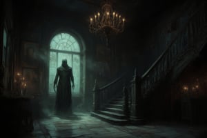 A hauntingly grand interior: A dimly lit chandelier casts flickering shadows on dark wood panelled walls with somber portraits. A sweeping staircase with intricate carvings rises from worn wooden floors, shadowed and ornate. Behind it, an arched window with opaque glass glows faintly greenish-blue, illuminating the eerie atmosphere. In the background, a ghostly apparition shrouded in mystery appears slightly green, set against dark stone or wood textures.