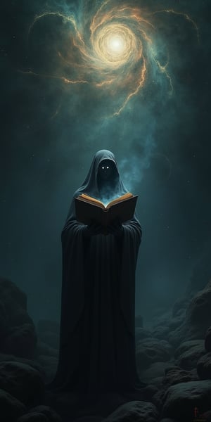 A dark, cosmic void with swirling shadows and faint, glowing symbols etched into the darkness. In the center stands a cloaked figure, holding an open book with pages made of shadows and light. The figure’s face is obscured, but their eyes glow faintly, reflecting the secrets of the universe. In the background, faint echoes of ancient, ghostly figures emerge from the abyss, surrounded by swirling nebulae and distant stars