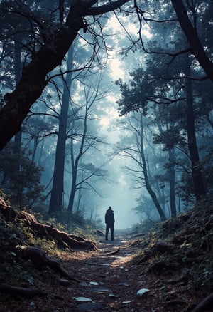 A misty veil shrouds the dense forest, casting dappled shadows on the worn dirt path. Tall trees loom, their branches tangled above, filtering out most of the sunlight, leaving only eerie moonlight to guide. The protagonist stands at the midpoint, surrounded by the dark silence, with the once-clear path now obscured and uncertain.