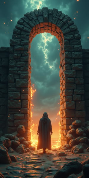 An ancient stone gateway opens into a realm of swirling cosmic energy. A figure, half-shrouded in shadows and flames, steps through, with serpents winding around them. The sky is filled with occult symbols, and faint whispers seem to emanate from the darkness beyond the gateway