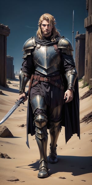 Man 20 years old,Paladin,steel plate armor,((chest plate is angled giving it a edgy look while sectioned into multiple plates)),plate arm guards,armor,long plate boots,Brown cloak covering his face, a full well-maintained beard adorns his jawline, he is holding a beautifull sword. (dirty blonde hair color). he is walking through the desert. (((dark fantasy artstyle)))., nodf_lora,Real,insertNameHere