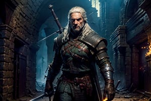 Masterpiece, beautiful details, perfect focus, uniform 8K wallpaper, high resolution, exquisite texture in every detail, The witcher walks through a foggy dark brick hallway, which is sparsely lit with torches hanging in holders on the wall, with his left hand he has drawn his silver sword and points it to the ground, the steel sword is in the sheath on his back,  a grim expression on his face, his medallion hangs visibly around his neck, his eyes glow slightly yellow through the darkness, view from the front, full body, nodf_lora,  beard,  yellow eyes,  armor,  chainmail ,