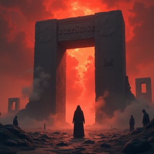 A desolate landscape beneath a blood-red sky, where a figure clad in dark robes stands before a massive, ancient stone gate inscribed with glowing runes. The gate opens into a void filled with swirling mists, and the figure extends their hand towards it, while shadowy figures linger in the background, watching silently