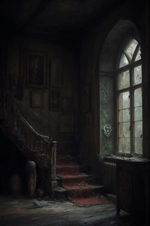 This image showcases an eerie, abandoned interior of a house with a gothic and haunting atmosphere. The setting is dimly lit, giving the space a mysterious and unsettling feel. 

- **The room**: The floors are wooden and worn, with a faded red carpet running along part of the floor. The wallpaper or paint on the walls is cracked and peeling, indicating years of neglect.
  
- **The staircase**: On the left, an old staircase leads up to a darkened upper floor. The wood of the bannister is rotting, with parts missing or decayed, adding to the sense of abandonment.

- **Artwork and furniture**: Several portraits and framed pictures hang on the walls, their subjects barely visible due to grime and dust. The paintings seem to belong to another era, further enhancing the gothic theme. A weathered chest of drawers sits beneath some of the artwork, covered in dust and signs of decay. 

- **Lighting**: Natural light barely penetrates the room from the large arched window on the right, casting long shadows that add to the room’s haunted atmosphere. The glass is grimy, suggesting the place hasn’t been cleaned or lived in for a long time.

- **Decay and disrepair**: The ceiling is dark and cracked, with some sections showing significant water damage. The walls are deteriorating, and parts of the woodwork are splintered or missing. There’s a palpable sense of abandonment and decay throughout the image.

Overall, the space gives the impression of a once-grand home now forgotten and overtaken by time, perfect for a haunted house or ghostly setting. A ghostly apparition that appears slightly green is easily visible in the background