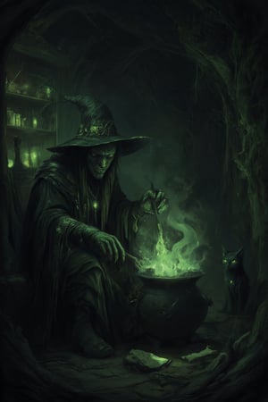 A dark, eerie hut hidden deep in a foggy, ancient forest, the dimly lit interior illuminated by flickering candles casting long shadows across shelves cluttered with strange ingredients: preserved eyes, dried herbs, animal bones, and glowing crystals. A wicked witch sits hunched over a bubbling cauldron, stirring a glowing, poisonous green potion with gnarled fingers grasping a wooden spoon as tendrils of smoke curl into the air. In the background, a black cat watches with glowing eyes, the atmosphere thick with mystery, danger, and dark magic.