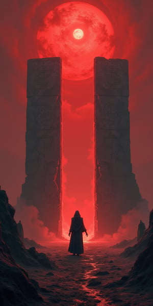 A desolate landscape beneath a blood-red sky, where a figure clad in dark robes stands before a massive, ancient stone gate inscribed with glowing runes. The gate opens into a void filled with swirling mists, and the figure extends their hand towards it, while shadowy figures linger in the background, watching silently