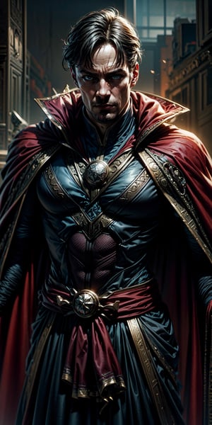 doctor strange, classic costume, red cape, more detail XL, masterpiece, best quality, incredibly absurdress, highres, high detail eyes, high detail background, male focus, ,Real