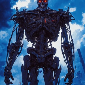 A menacing Terminator, its metallic body scarred and exposed, towers over a desolate wasteland. Dark clouds shroud the sky, casting an ominous shadow from the massive spaceship looming behind. Cool blue lighting accentuates the cyborg's skeletal face, with glowing red eyes, as it prepares to unleash destruction with its minigun. The atmosphere is one of fear, despair, and apocalyptic dread.