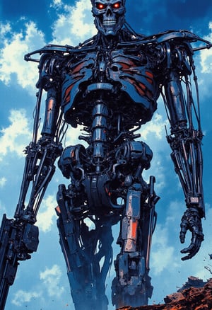 A menacing Terminator, its metallic body scarred and exposed, towers over a desolate wasteland. Dark clouds shroud the sky, casting an ominous shadow from the massive spaceship looming behind. Cool blue lighting accentuates the cyborg's skeletal face, with glowing red eyes, as it prepares to unleash destruction with its minigun. The atmosphere is one of fear, despair, and apocalyptic dread. full view, 