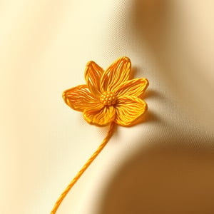 A delicate golden flower embroidered on a intricately designed silk fabric, set against a warm beige background. The petals unfurl like a tender whisper, as soft lighting casts a gentle glow. The stitching is meticulous, with threads woven together in a harmonious dance. The overall composition is serene, inviting the viewer to pause and admire the tiny masterpiece.