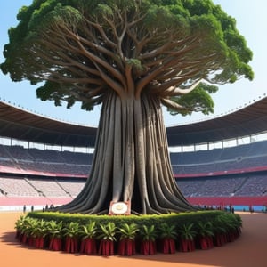 a giant banyan tree, hanging many medals, the banyan tree is located on the stadium, many spectators come to watch, high quality, best quality, realistic