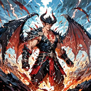 a demon dragon, large wings, battle field, spit fire,score_9,score_7_up,score_8_up, lightning everywhere, standing, rating_safe