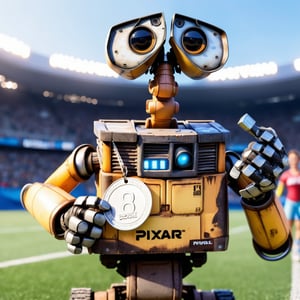 look at viewer, (Wall-E, Pixar style), (holding dozens of medals), in the middel stadium, a bunch of paparazzi, (high quality, 8k, award-winning photos, high quality photo), (wearing sport outfit, Olympic logo)