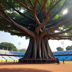 a giant banyan tree, hanging many medals, the banyan tree is located on the stadium, many spectators come to watch, high quality, best quality, realistic