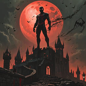 (Shadow), spiderman, standing on top of horror castle, dark night, red moon