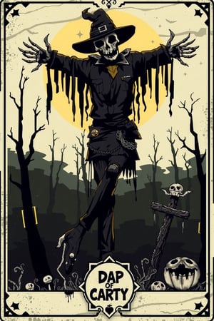 there are horror motifs, (scarecrow), cyberpunk, dead trees, there is a deck of tarot cards, the iphone screenshot cap,( pixel_art)