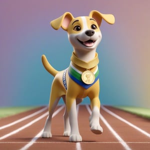 Adorable 3d clay Dog, wearing a gold medal, , stadium, runner outfit, head band, muted pastels, Blender 3d, matte background with subtle gradients 