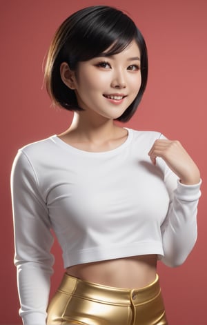 Sexy girl, asian, beautiful, looking at viewer, smile, short hair, shirt, black hair, navel, white shirt, full hand sleeves, midriff, shiny gold legging, skin tight, crop top, golden shoes, shiny sneakers, shiny gold pants, indoor, standing, Extremely Realistic, 4k, high-quality, portrait realistic detaild ,photorealistic background ,asian girl,realhands,FilmGirl,aw0k euphoric style