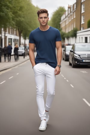 Young man, handsome, good looking, attitude, walking in road, london, stylish, cool sneakers, t shrt, white pant, realistic background, realistic detaild, high-quality, portrait, photorealistic 