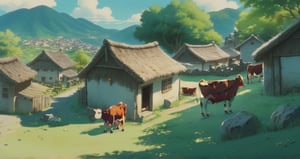 Countryside, Herd of Cows, Studio Ghibli Landscape, Perfect, 8K, Best Quality, (Best Art: 1.1), shows a peaceful mountain village with sunlight shining brightly through the blue sky.  Xiaojie and other children are playing in the village.