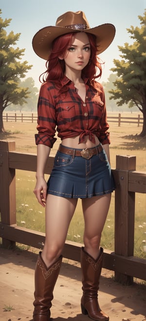 score_9, score_8_up, score_7_up, source_anime, BREAK, 1girl, standing, cowgirl, red hairs, cowboy outfit, skirt, cowboy hat, flannel_shirt, bare midriff, cowboy boots, outdoor