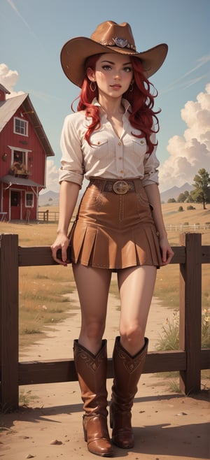 score_9, score_8_up, score_7_up, source_anime, BREAK, 1girl, standing, cowgirl, red hairs, cowboy outfit, skirt, cowboy hat, cowboy boots, outdoor