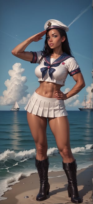 score_9, score_8_up, score_7_up, source_anime, BREAK, 1girl, tanned girl, black_hairs, pinup_pose, big_breasts, large_breasts, emormous_breasts, sailor suit, sailor_hat, midriff, boots, miniskirt, (sea_setting:1.5), blue_outfit, saluting_with_one_hand, military_salute, hand_on_hip, sailor_shirt, full_body