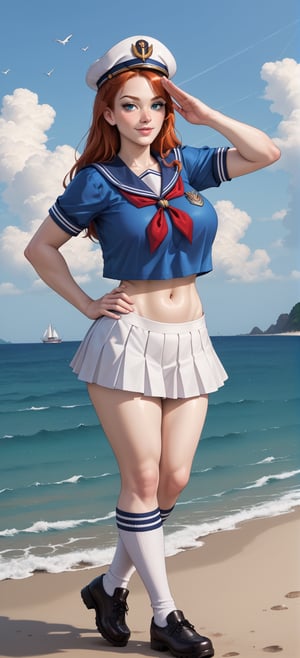 score_9, score_8_up, score_7_up, source_anime, BREAK, 1girl, pale girl, redhead, freckles, pinup_pose, blue_shirt, big_breasts, large_breasts, emormous_breasts, sailor suit, sailor_hat, midriff, socks, shoes, miniskirt, (sea_setting:1.5), blue_outfit, saluting_with_one_hand, military_salute, (hand_on_hip:1.5), sailor_shirt, full_body