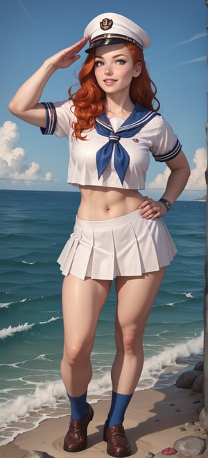 score_9, score_8_up, score_7_up, source_anime, BREAK, 1girl, pale girl, redhead, freckles, pinup_pose, blue_shirt, big_breasts, large_breasts, emormous_breasts, sailor suit, sailor_hat, midriff, socks, shoes, miniskirt, (sea_setting:1.5), blue_outfit, saluting_with_one_hand, military_salute, (hand_on_hip:1.5), sailor_shirt, full_body